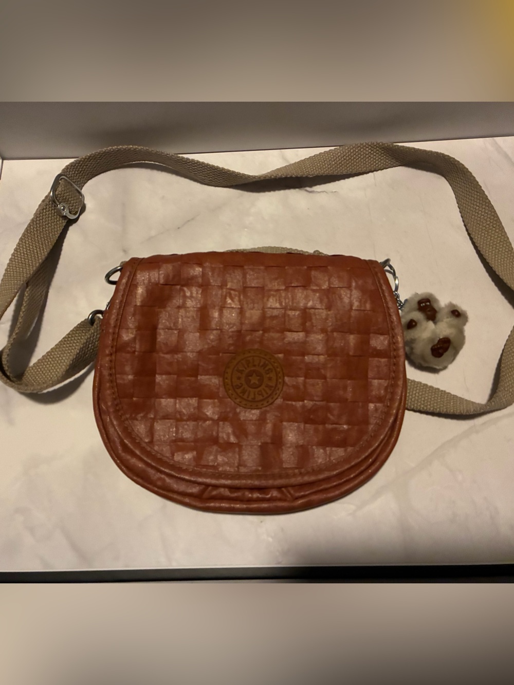 Kipling Woven Saddle Crossbody Bag in Cognac and Beige